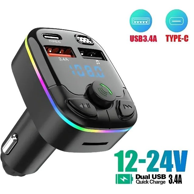 FM Transmitter for Car PD QC Microphone HiFi Bass Sound Cigarette Lighter Radio Music Adapter Charger Hands-Free Mp3 Player Kit