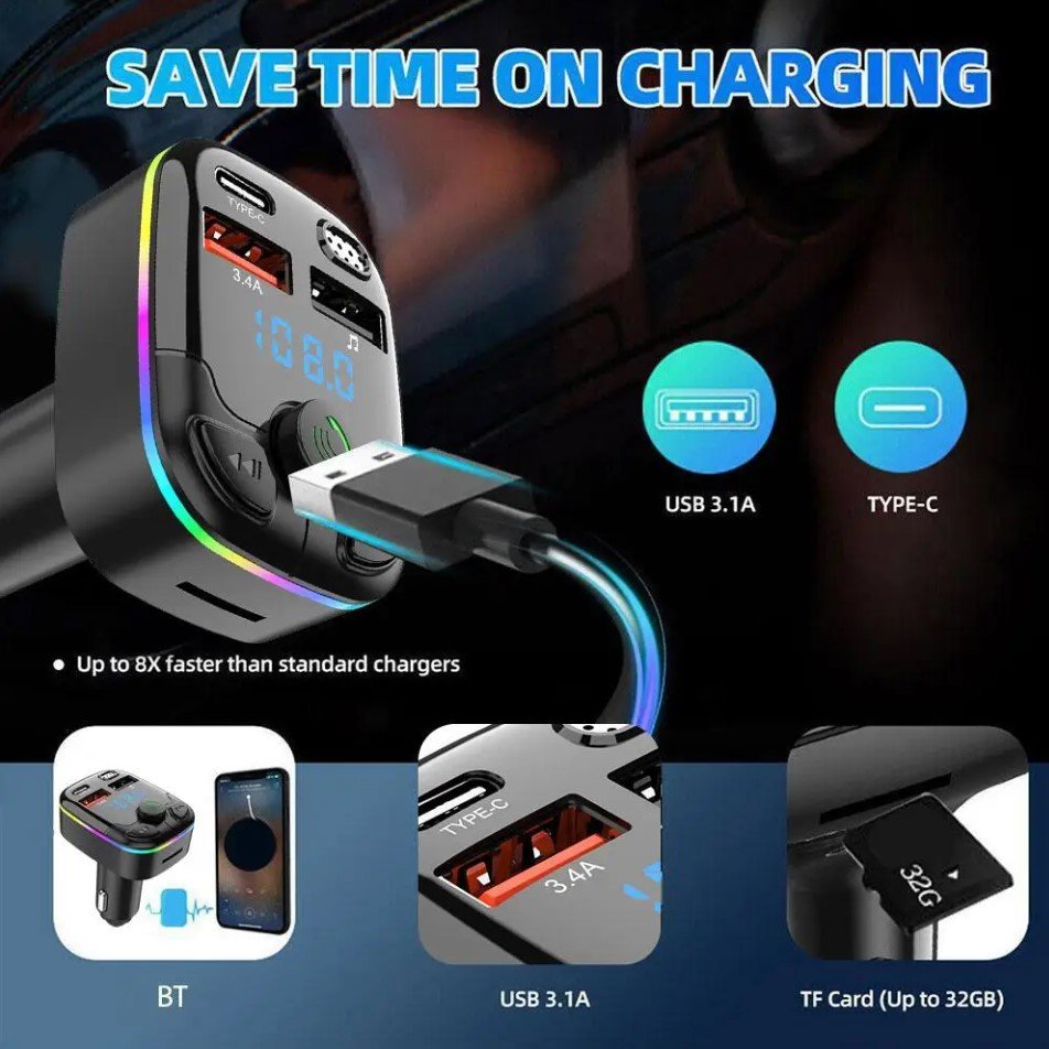 FM Transmitter for Car PD QC Microphone HiFi Bass Sound Cigarette Lighter Radio Music Adapter Charger Hands-Free Mp3 Player Kit