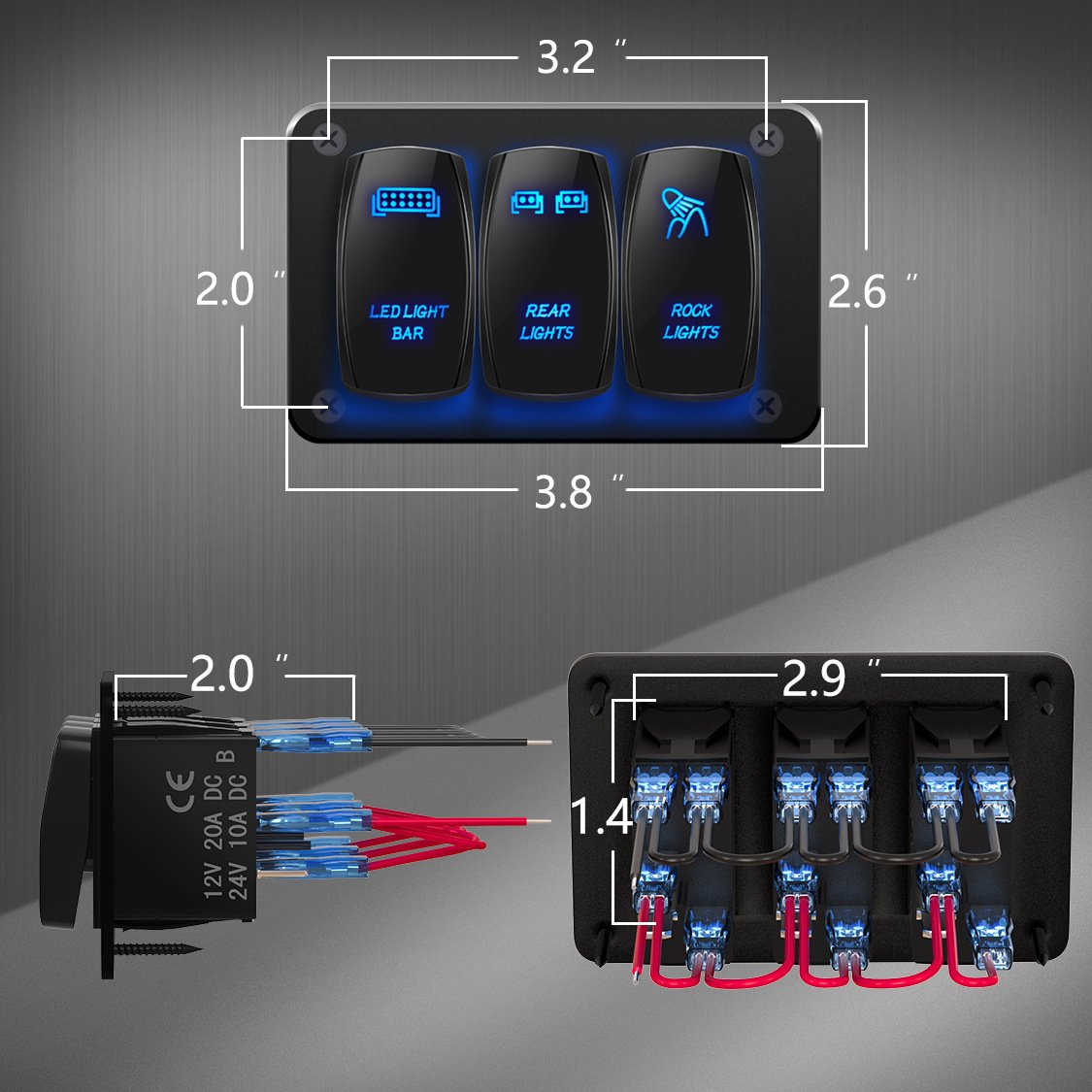 Car and Marine Three-in-one DC12V 20A/24V 10A Truck Front and Rear LED Switch Panel Rocker Switch