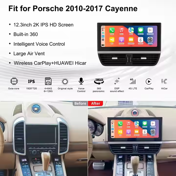 12.3inch Android 13 Car Interior Upgrade Kits for Porsche Cayenne 2010-2017 Central Console Panel Multifunctional LCD Stopwatch