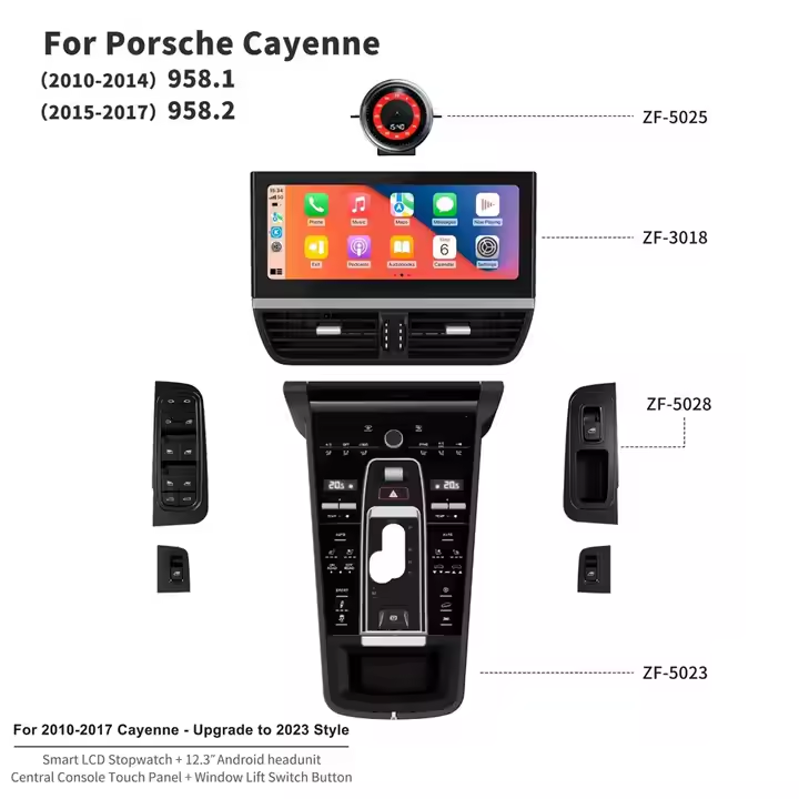 12.3inch Android 13 Car Interior Upgrade Kits for Porsche Cayenne 2010-2017 Central Console Panel Multifunctional LCD Stopwatch