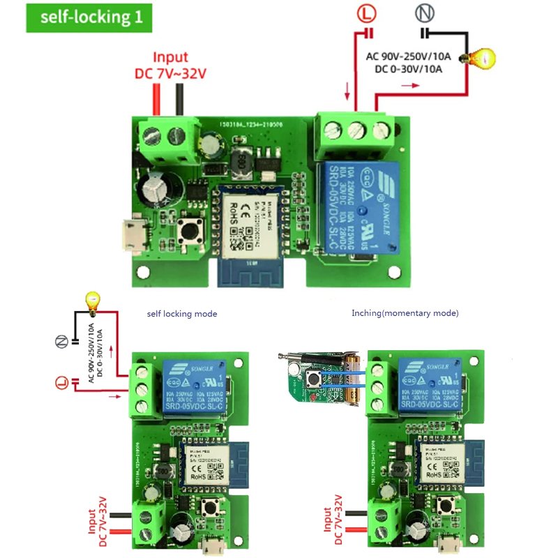 Smart Home 433MHz Remote Control WiFi Wireless Switch Module 7V-32V 12V 24V USB5V Alexa Voice Smart Life Tuya 1ch Relay Switch