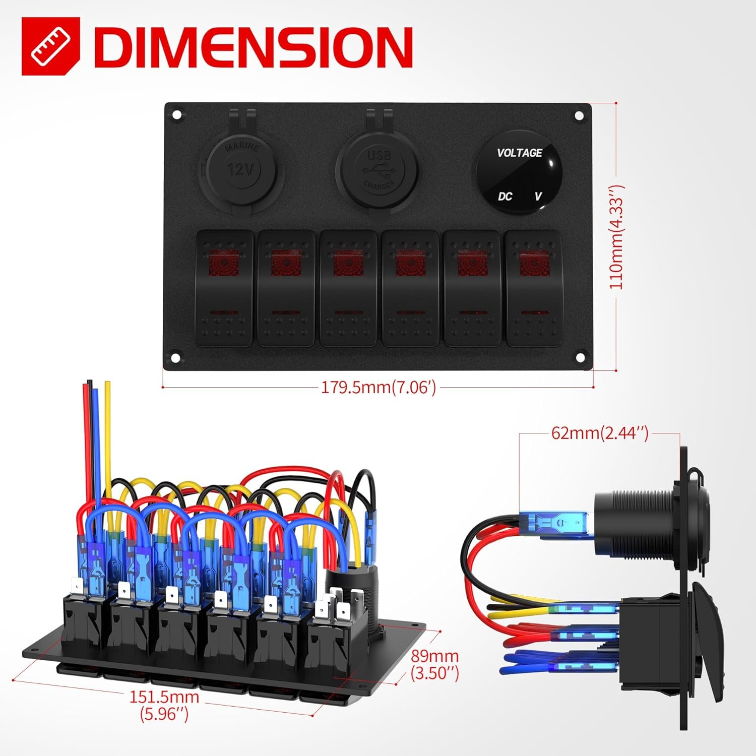 6 Gang Rocker Switch Panel 12V Marine Switch Panel Waterproof Red LED Marine with USB Cigarette Lighter Socket Voltmeter