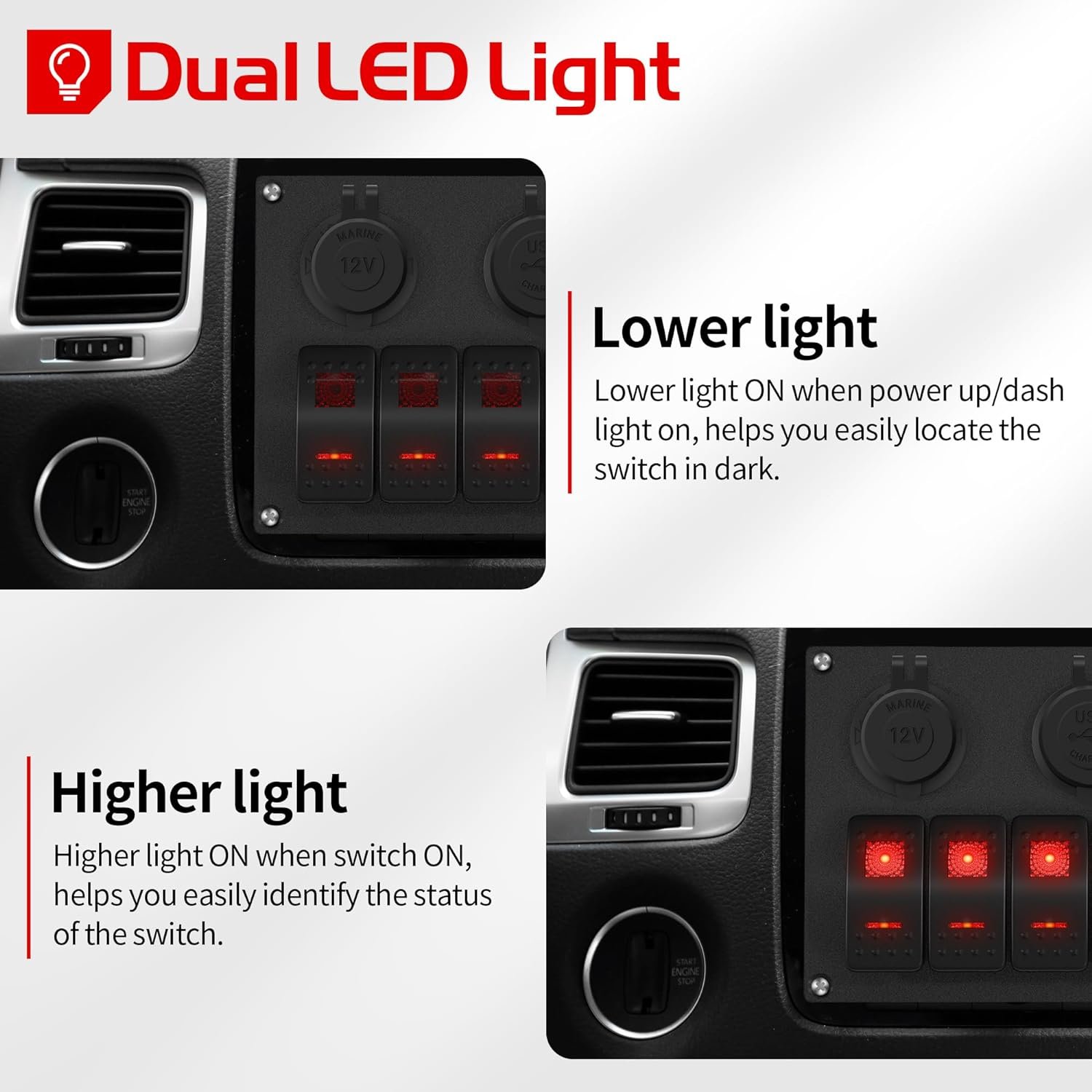 6 Gang Rocker Switch Panel 12V Marine Switch Panel Waterproof Red LED Marine with USB Cigarette Lighter Socket Voltmeter