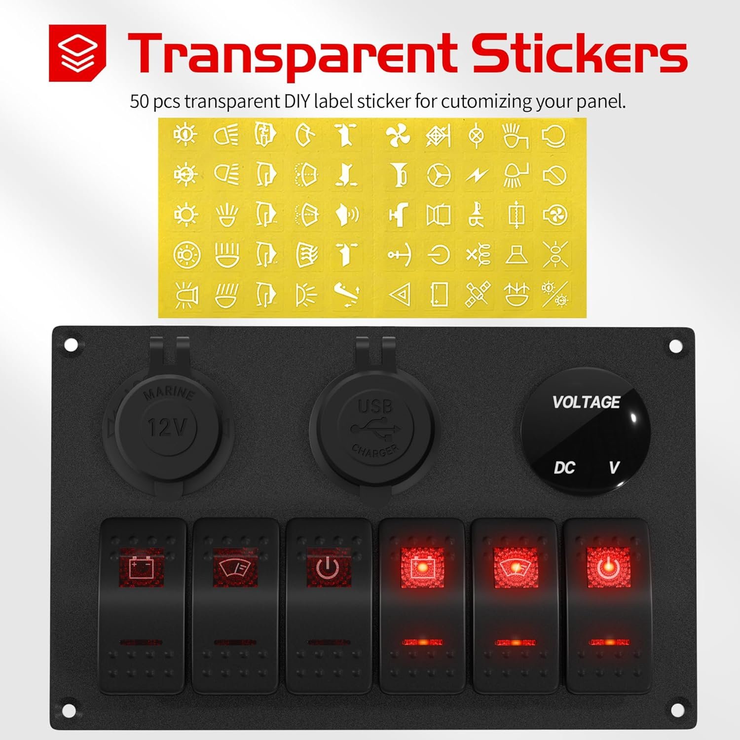 6 Gang Rocker Switch Panel 12V Marine Switch Panel Waterproof Red LED Marine with USB Cigarette Lighter Socket Voltmeter