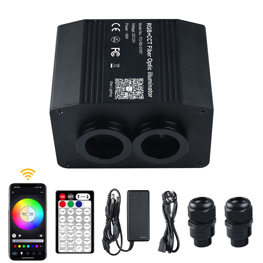 16W RGB+CCT RGBWW Double Head Twinkle Fiber Optic Illuminator Car Roof Starry Sky LED Light Engine with APP Controller/Remote