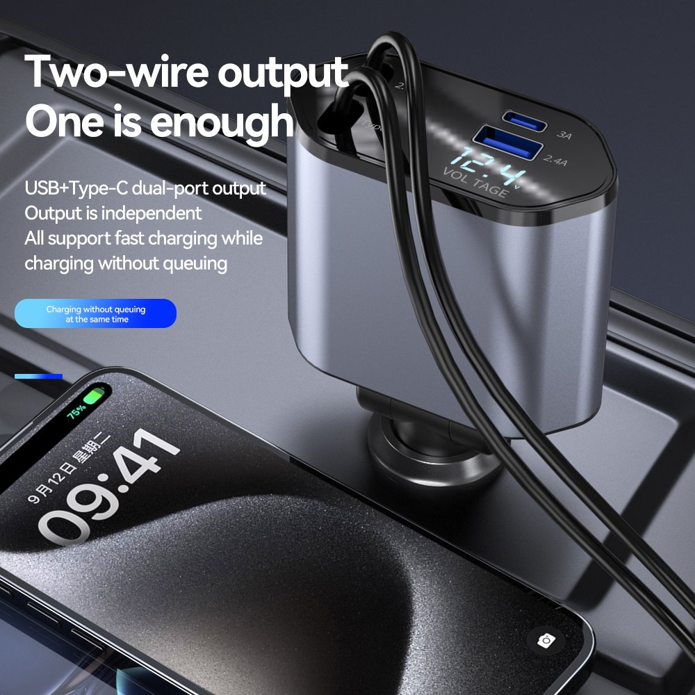 120w 4 in 1 Retractable Car Charger Flexible USB Type C Charging Cable Universal Flash Car Charger for Smart Devices