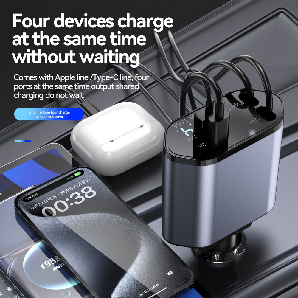 120w 4 in 1 Retractable Car Charger Flexible USB Type C Charging Cable Universal Flash Car Charger for Smart Devices