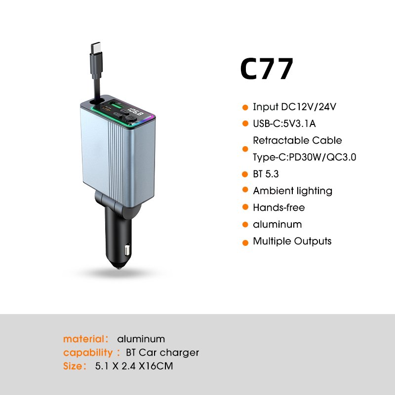 C77 Aluminum Case Bluetooth Car Kit PD30W QC3.0 USB 5V 3.1A Charger Wireless FM Transmitter Hands-Free for Phone