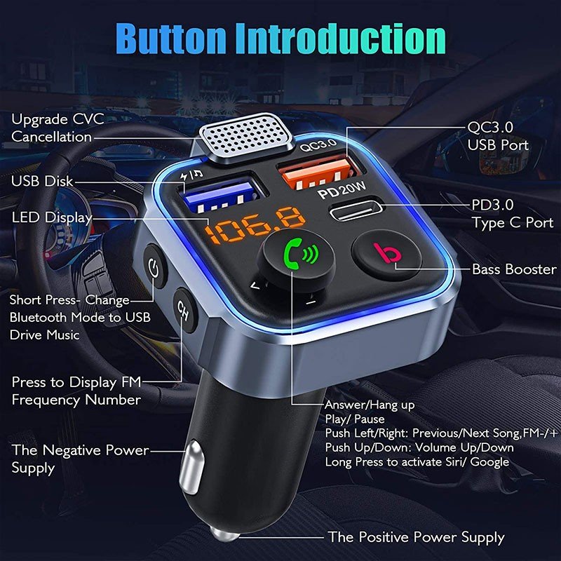PD 20W Fast Charging HiFi Bass Boost MP3 Music Player Support USB Drive Car FM Transmitter Wireless Bluetooth FM Radio Adapter