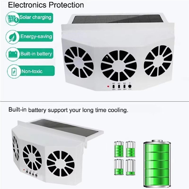 New Car Cooling Fan 3 Heads 2 Speeds Suction Interior Cooler Car Window Mount Solar Power Radiator Fan Auto Air Vent Cooling