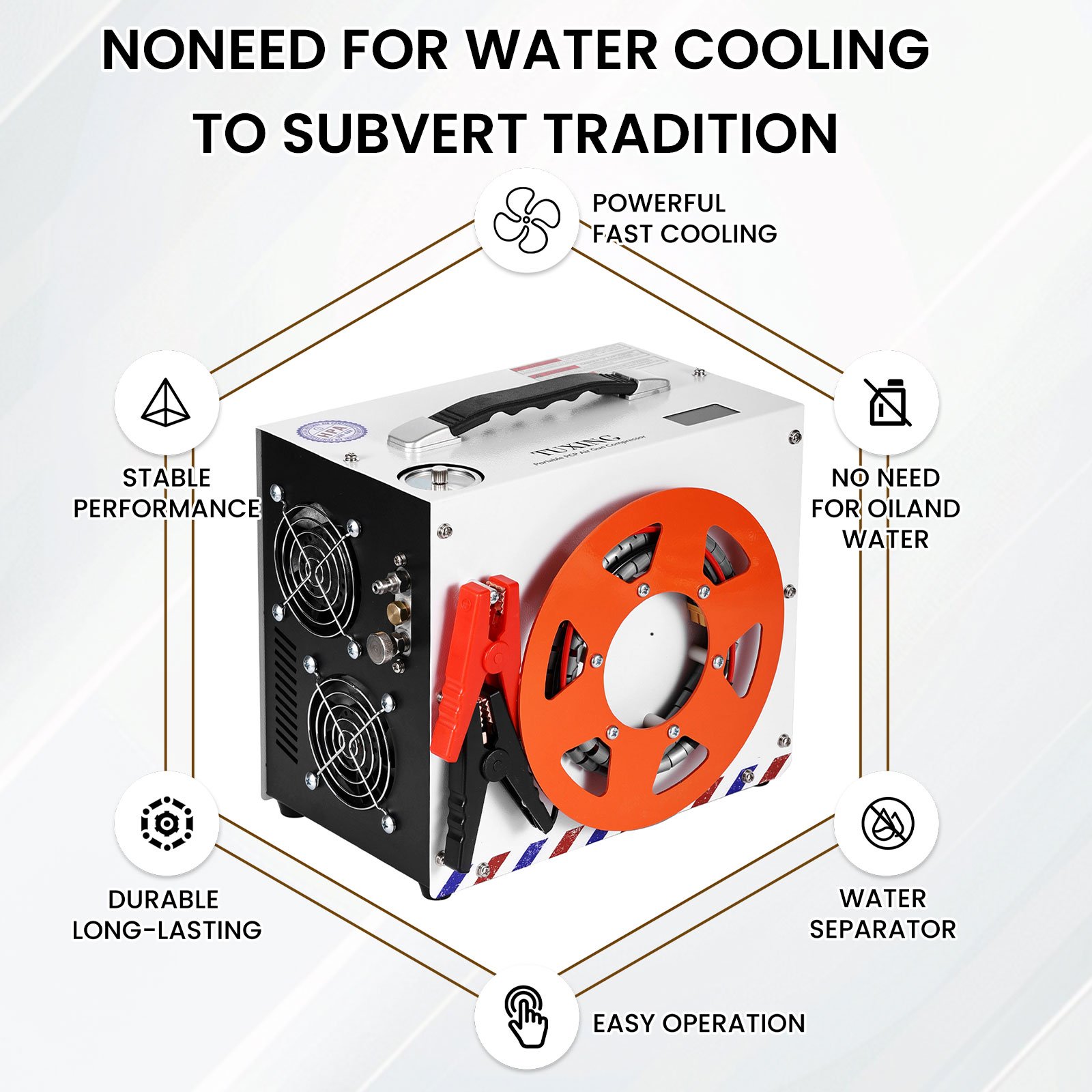 TUXING Convenient High Pressure Double Cylinder 4500psi/300bar 12V Car Battery Auto Stop Hunting PCP Air Compressor for Gas Tank
