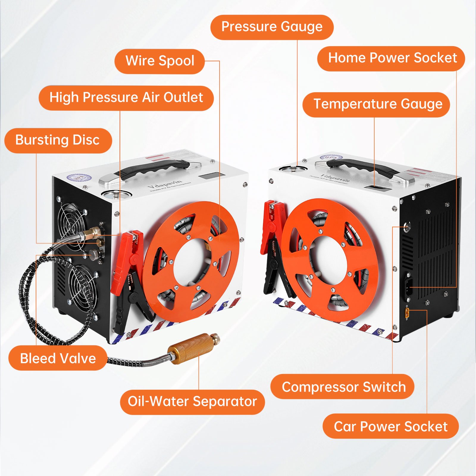 TUXING Convenient High Pressure Double Cylinder 4500psi/300bar 12V Car Battery Auto Stop Hunting PCP Air Compressor for Gas Tank