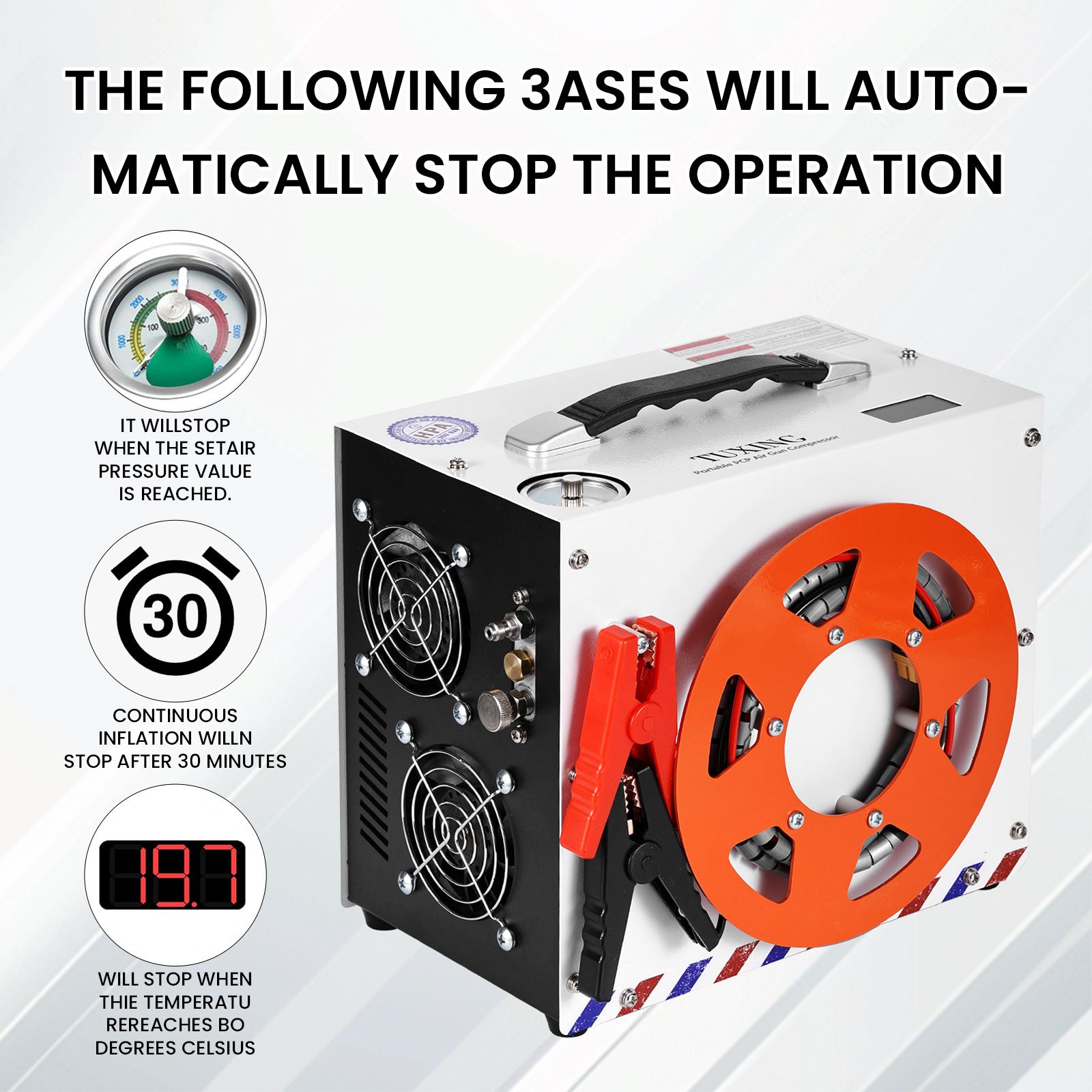 TUXING Convenient High Pressure Double Cylinder 4500psi/300bar 12V Car Battery Auto Stop Hunting PCP Air Compressor for Gas Tank