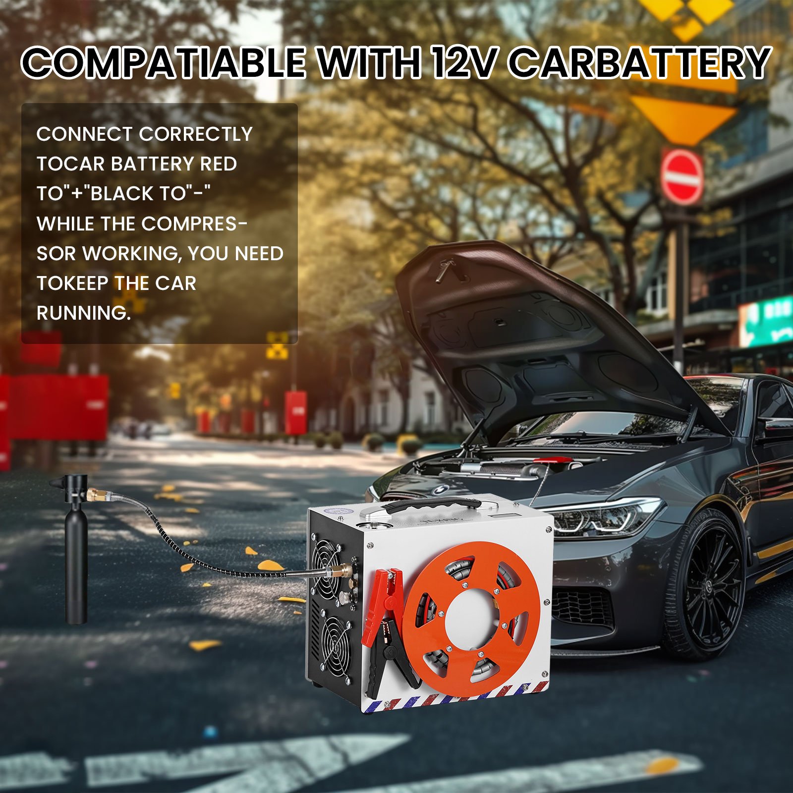 TUXING Convenient High Pressure Double Cylinder 4500psi/300bar 12V Car Battery Auto Stop Hunting PCP Air Compressor for Gas Tank