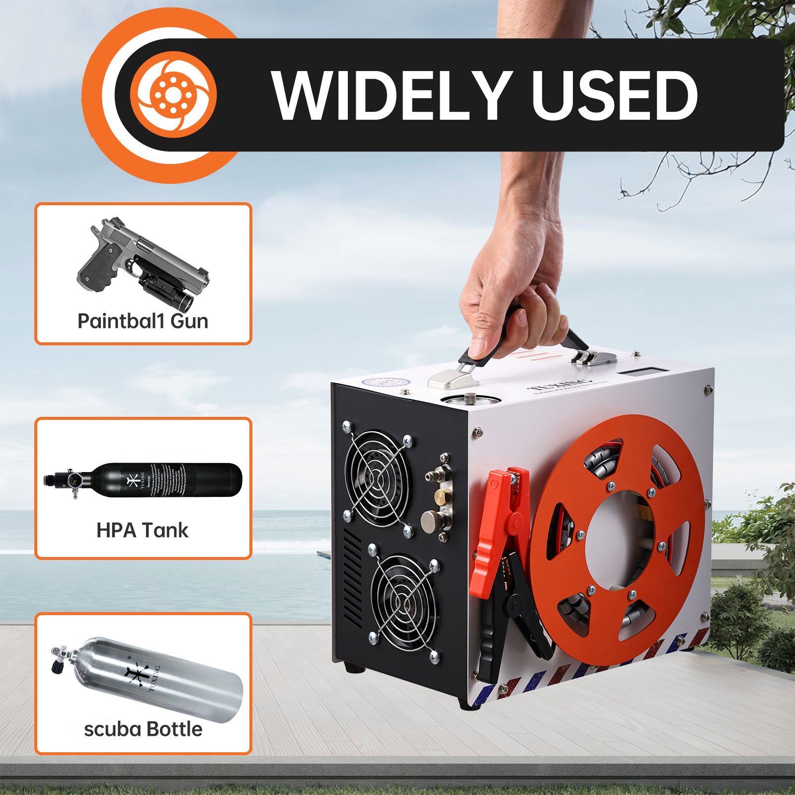 TUXING Convenient High Pressure Double Cylinder 4500psi/300bar 12V Car Battery Auto Stop Hunting PCP Air Compressor for Gas Tank
