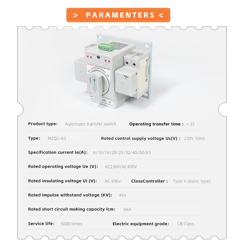 MEZEEN Electric Automatic Transfer Switching ATS Single Phase AC110/230V Auto Manual Transfer Switch for Generator