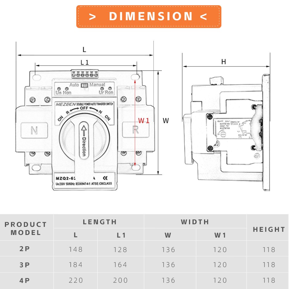 MEZEEN Electric Automatic Transfer Switching ATS Single Phase AC110/230V Auto Manual Transfer Switch for Generator
