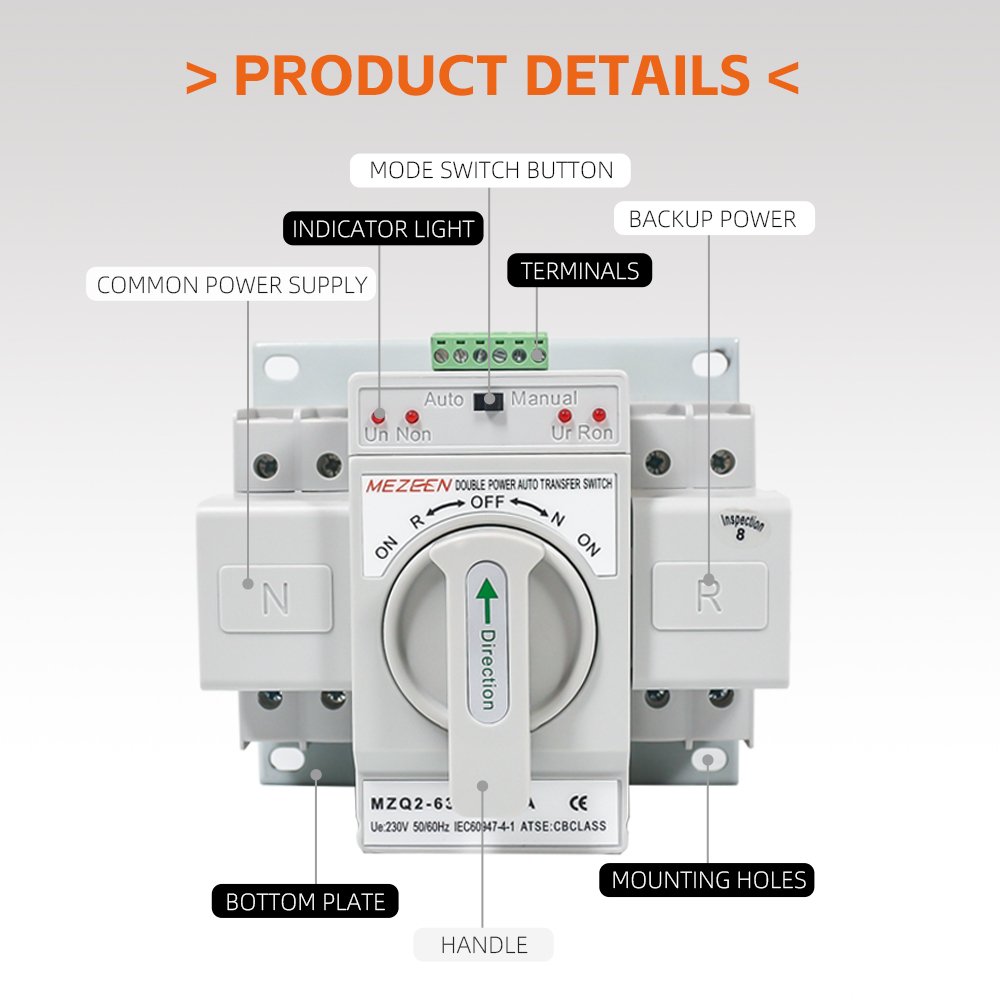 MEZEEN Electric Automatic Transfer Switching ATS Single Phase AC110/230V Auto Manual Transfer Switch for Generator