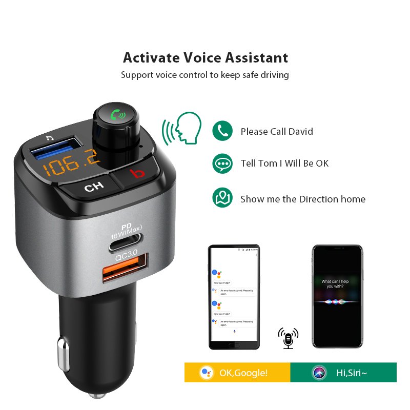 Bluetooth 5.0 FM Transmitter Hands Free Calling Wireless Radio Adapter Siri Google Assistant Bluetooth Car Kit Music Mp3 Player