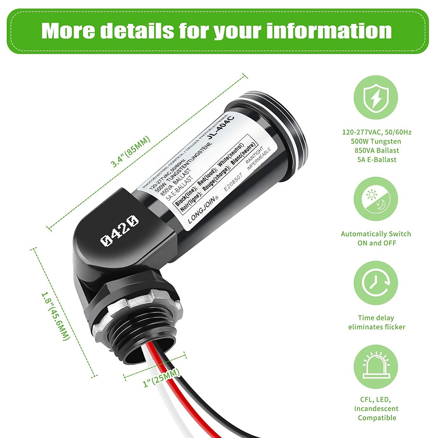 Dusk to Dawn Sensor, 120V 277V Photoelectric Switch, Waterproof Photocell Sensor