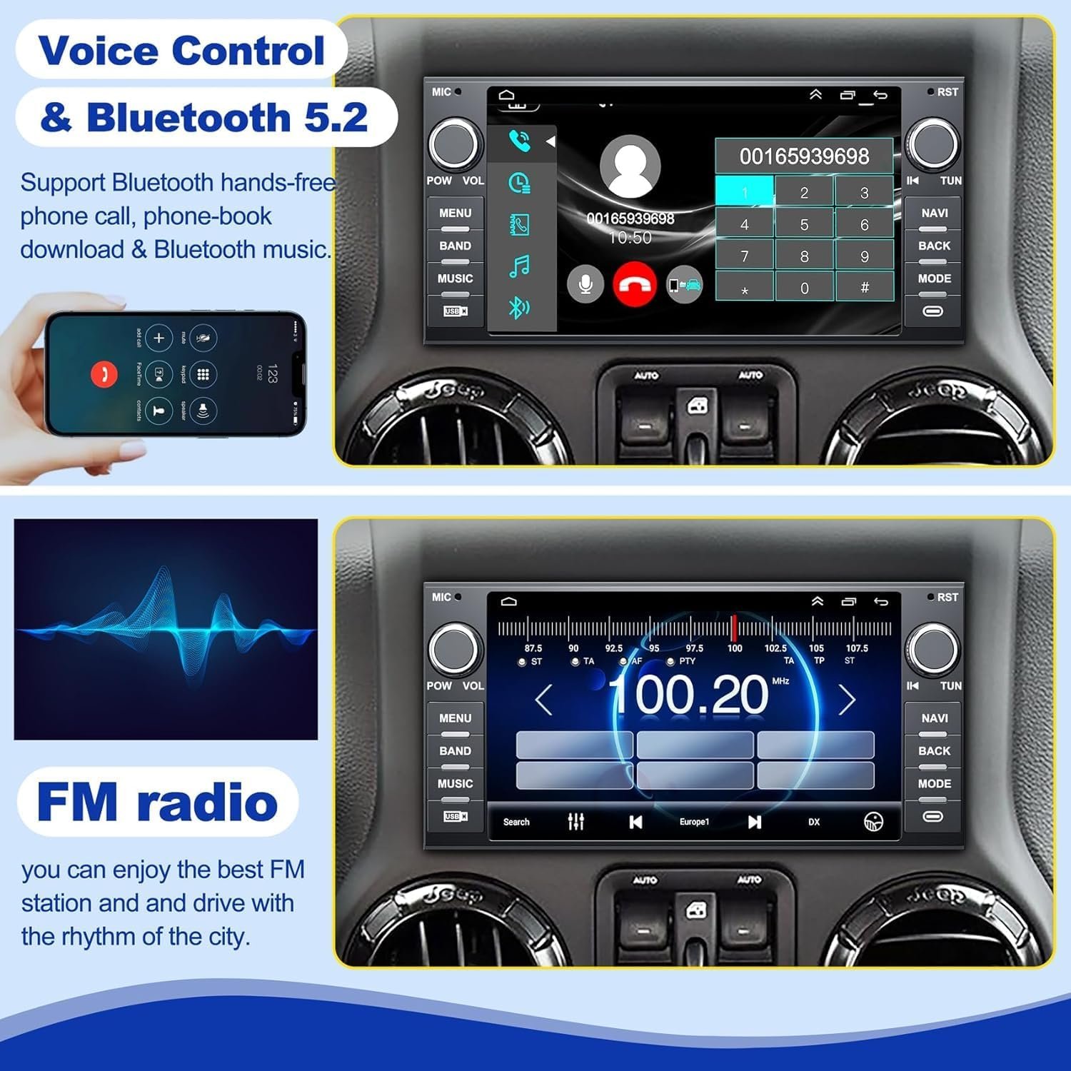 7"Android Car Stereo for Jeep Wrangler JK Dodge Ram,and Wireless Carplay/Android Auto GPS Wifi BT FM RDS SWC,2G+32G