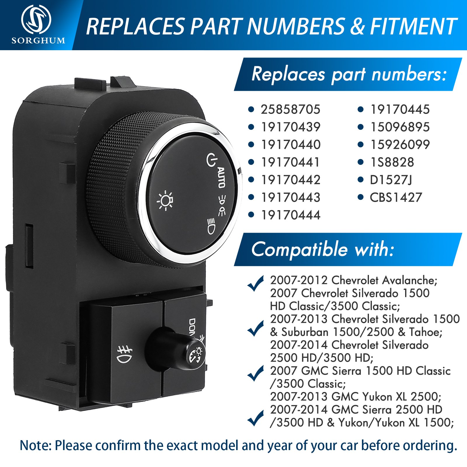 Sorghum 25858705 Headlight Fog Light Switch for 2007-2014 Chevy Silverado Tahoe GMC Sierra Yukon