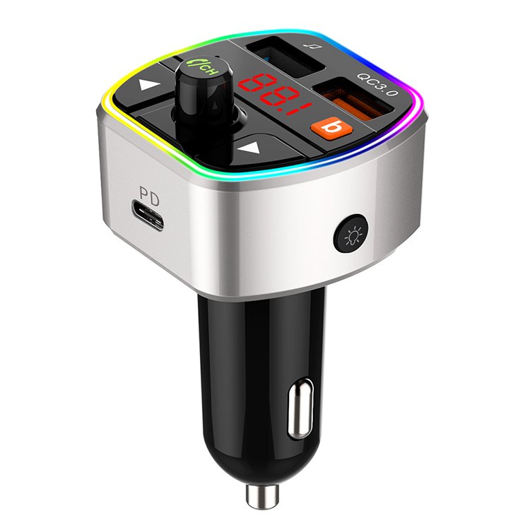 Bluetooth Car Kit 5.0 Car FM Transmitter Bluetooth Voice Assistant Colorful Light QC3.0 PD Charger Port with Bass Function