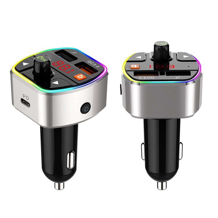 Bluetooth Car Kit 5.0 Car FM Transmitter Bluetooth Voice Assistant Colorful Light QC3.0 PD Charger Port with Bass Function