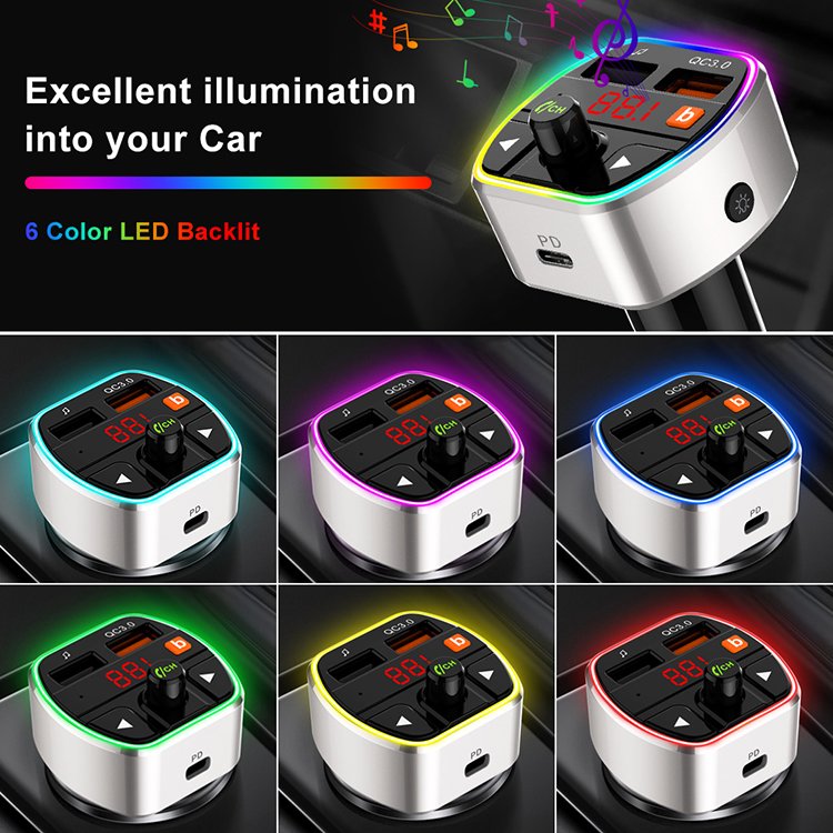 Bluetooth Car Kit 5.0 Car FM Transmitter Bluetooth Voice Assistant Colorful Light QC3.0 PD Charger Port with Bass Function