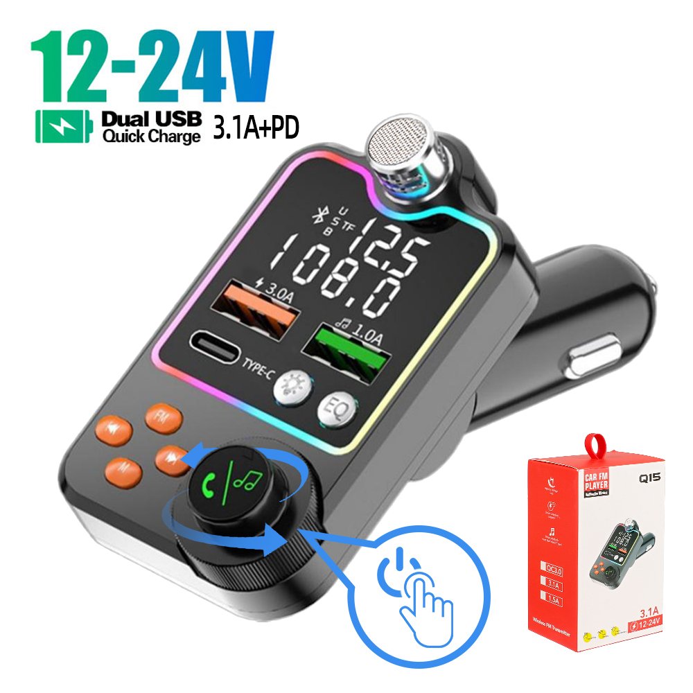 Q15 FM Transmitter PD Type C Quick Charge Dual 2 USB Car Mp3 Player Charger Blue Tooth Kit Car Bt 5.0 Car Kit With Charge