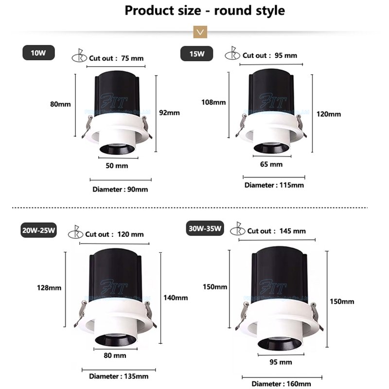 Recessed 10W 15W 25W 30W Full Aluminum COB Adjustasble Spotlight Retractable Commercial Led Down Light