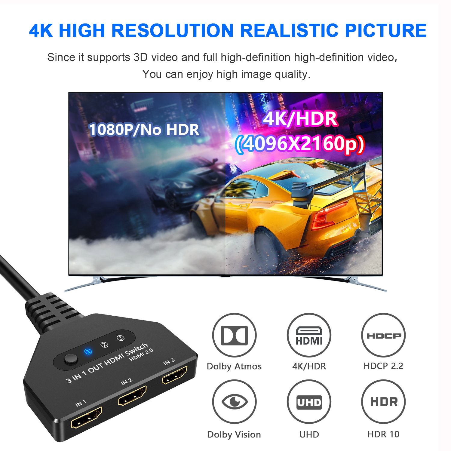 High Quality 3x1 HDMI with Cable 4k@60hz 3D Switcher 3x1 Auto Switch 3 in 1 Out