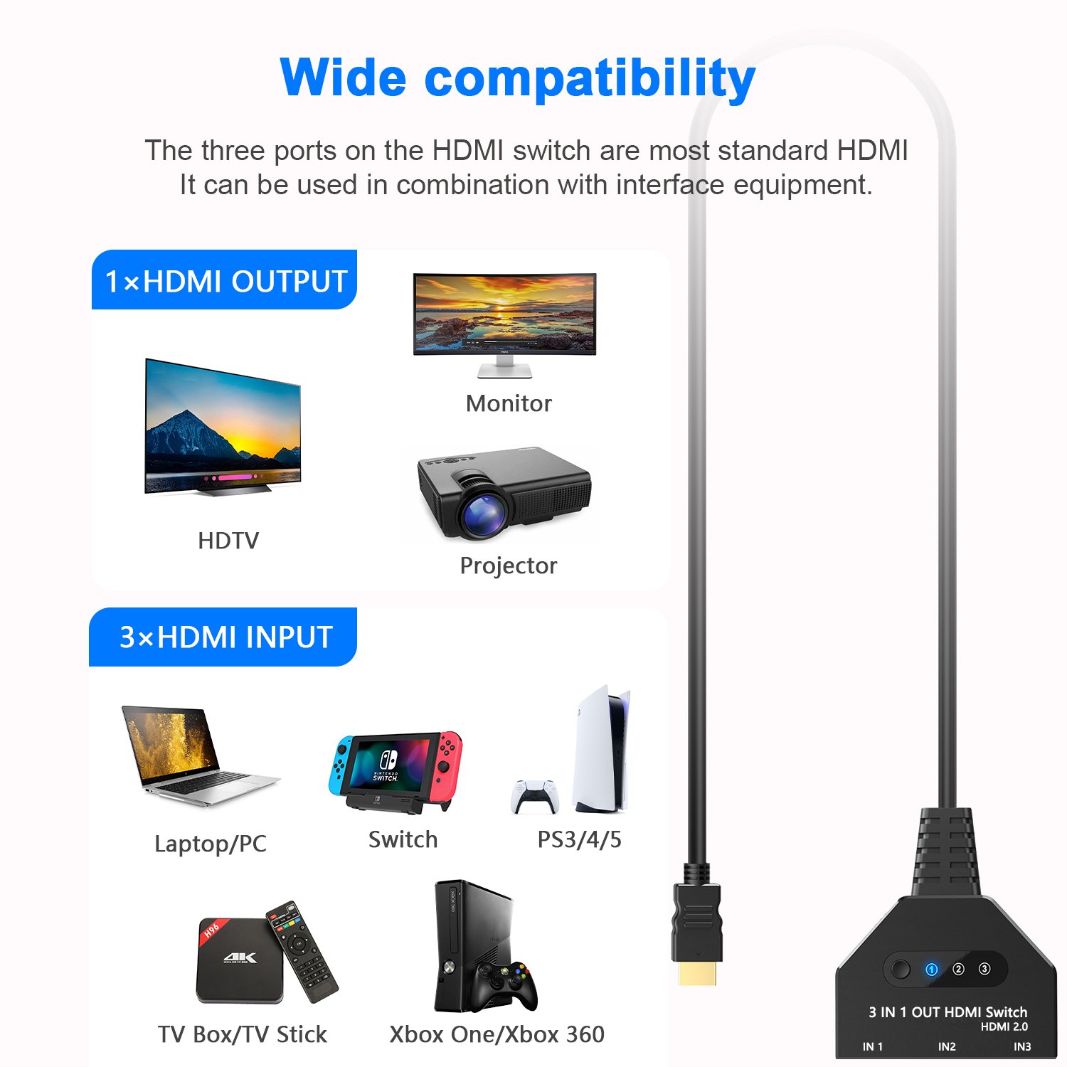 High Quality 3x1 HDMI with Cable 4k@60hz 3D Switcher 3x1 Auto Switch 3 in 1 Out