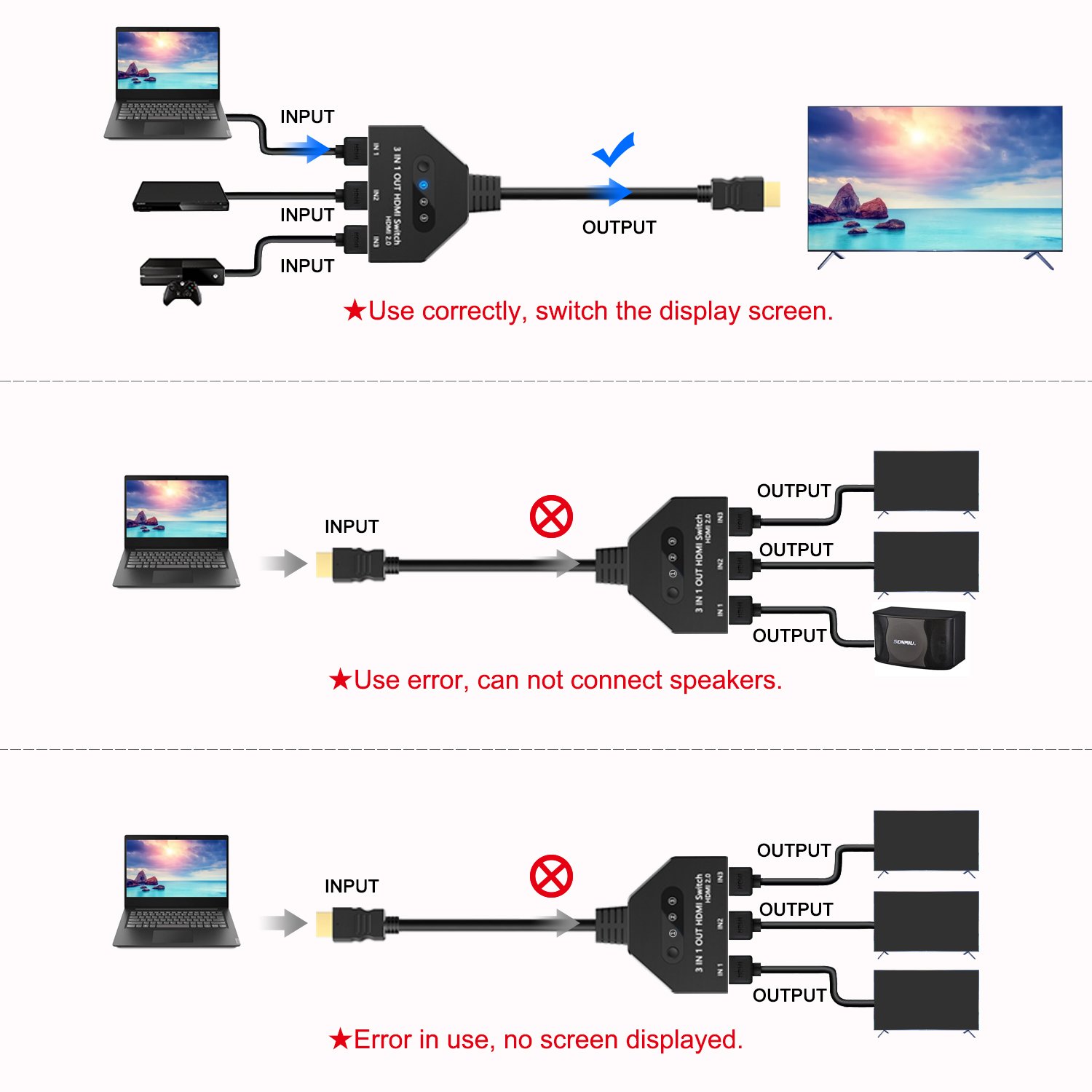 High Quality 3x1 HDMI with Cable 4k@60hz 3D Switcher 3x1 Auto Switch 3 in 1 Out