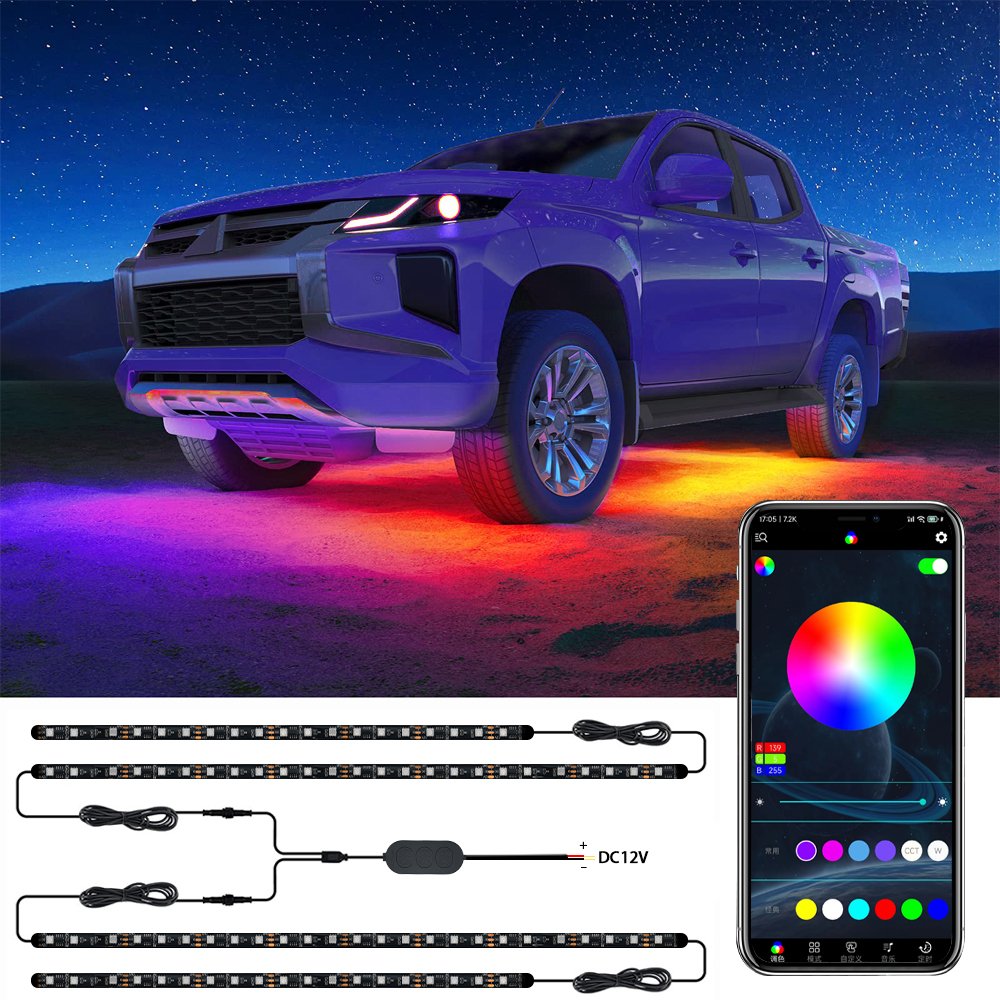 App Control RGBIC Car LED Strip Light Under Car 90 120cm Tube Underglow Underbody System LED Light