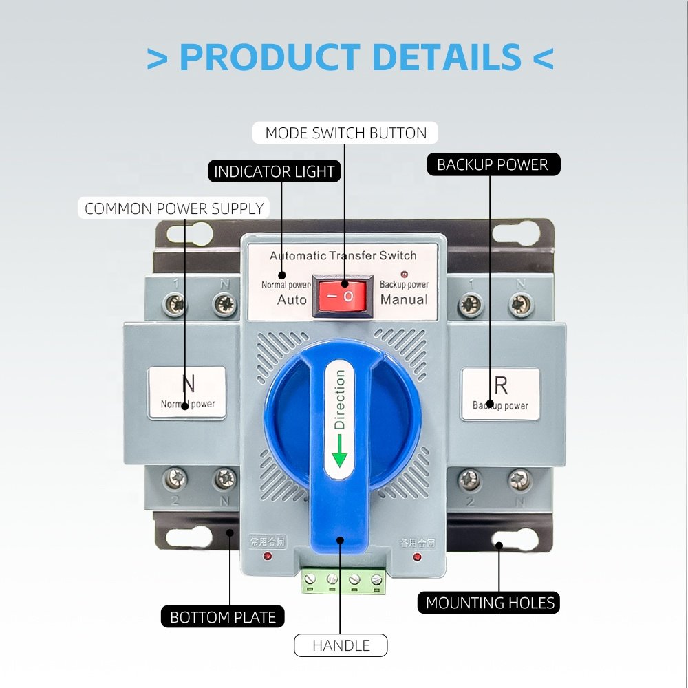 Double Power Manual Auto ATS Switch 2P 63A Automatic Transfer Switch 120V 220V 380V Controller for Generator