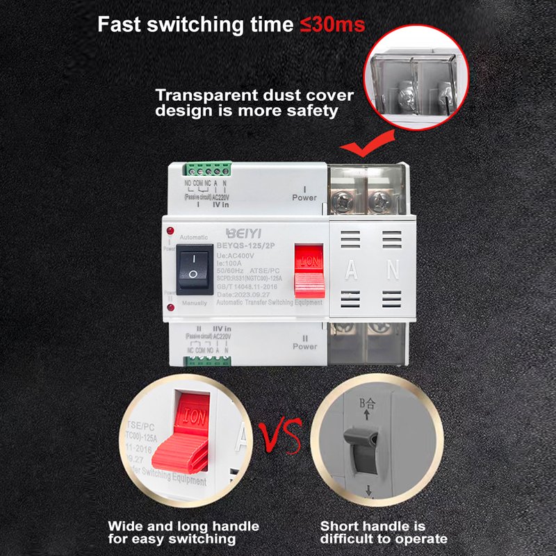 Factory CE 220V 2P 4P 125A PC-class Isolated Dual Power Ats Switch Automatic Transfer 200a