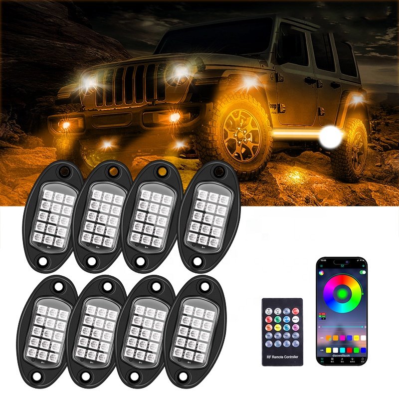 RGB LED Rock Lights Kit Uderglow Multicolor Neon Light Pod With Bluetooth App for Car Truck Pickups ATV UTV SUV Motorcycle Boat