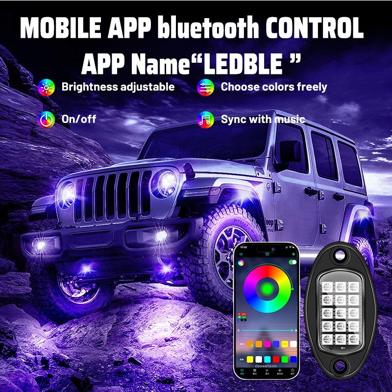 RGB LED Rock Lights Kit Uderglow Multicolor Neon Light Pod With Bluetooth App for Car Truck Pickups ATV UTV SUV Motorcycle Boat
