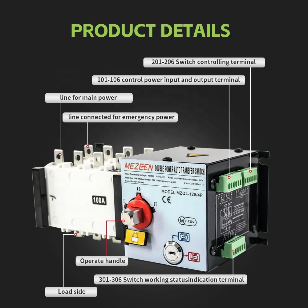 ATS MZQ4 125A-3200A 400V Double Power 4P Automatic Transfer Switch PC Class Auto Changeover Switch 4 Pole