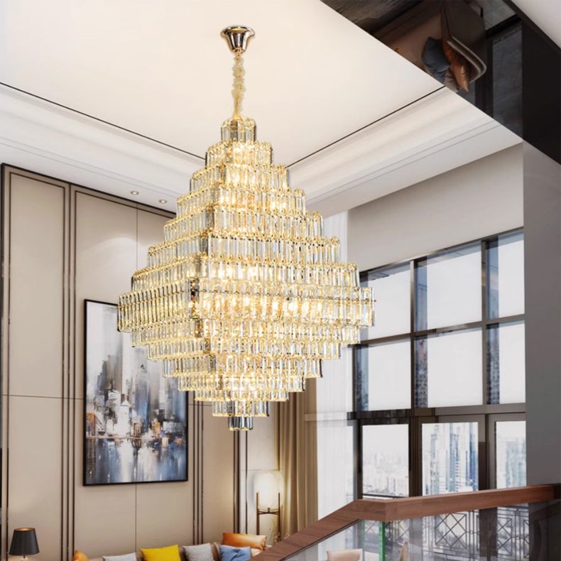 European Duplex Luxury Long Crystal Chandelier Layering Decor for Huge Large Villa Living Room