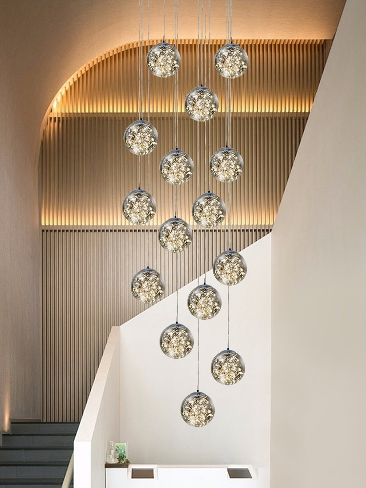 Staircase Ceiling Lamp Glass Ball Aluminum Wire Led Chandelier Indoor Villa Living Room Restaurant Star Effect Pendant Lighting
