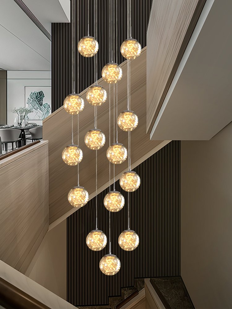 Staircase Ceiling Lamp Glass Ball Aluminum Wire Led Chandelier Indoor Villa Living Room Restaurant Star Effect Pendant Lighting