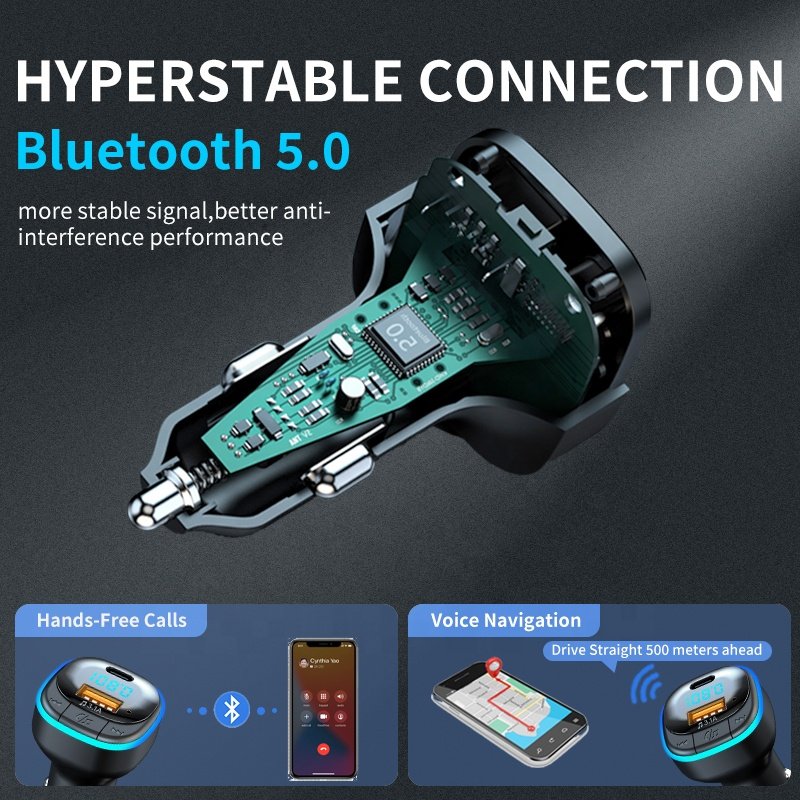 FM Transmitter Car Hands-free Bluetooth 5.0 Car Charger Type C USB Car Kit Bluetooth MP3 Player Audio Receiver USB Fast Charger