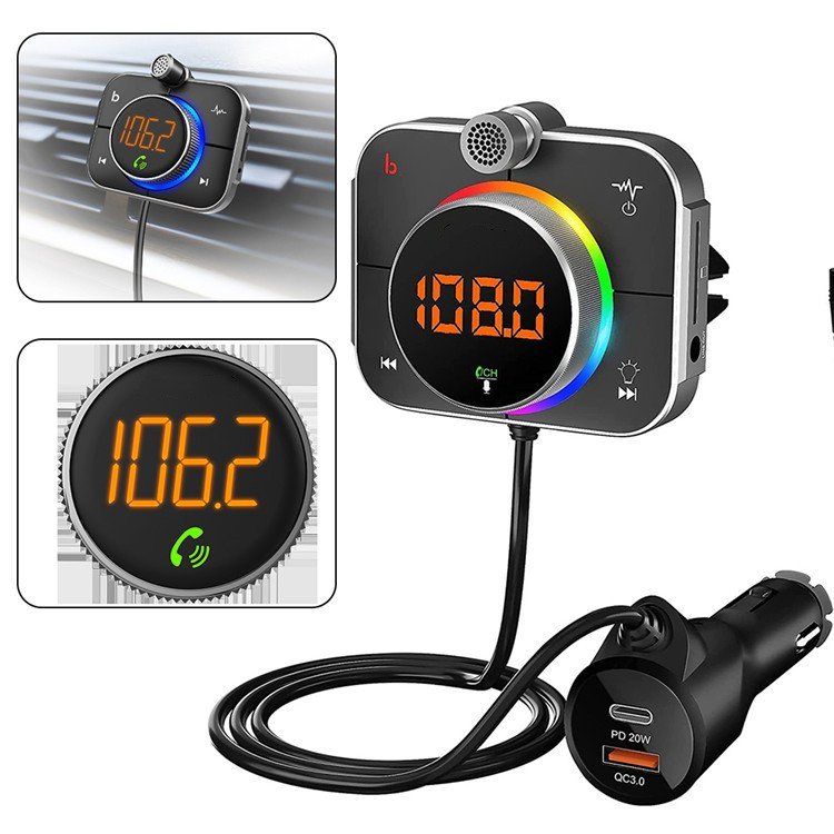 BT95 7 Colors Led Light FM Transmitter for Car Quick Charge 3.0 Talk Focus Bluetooth Handsfree Car Kit With Moveable Mic-Probe