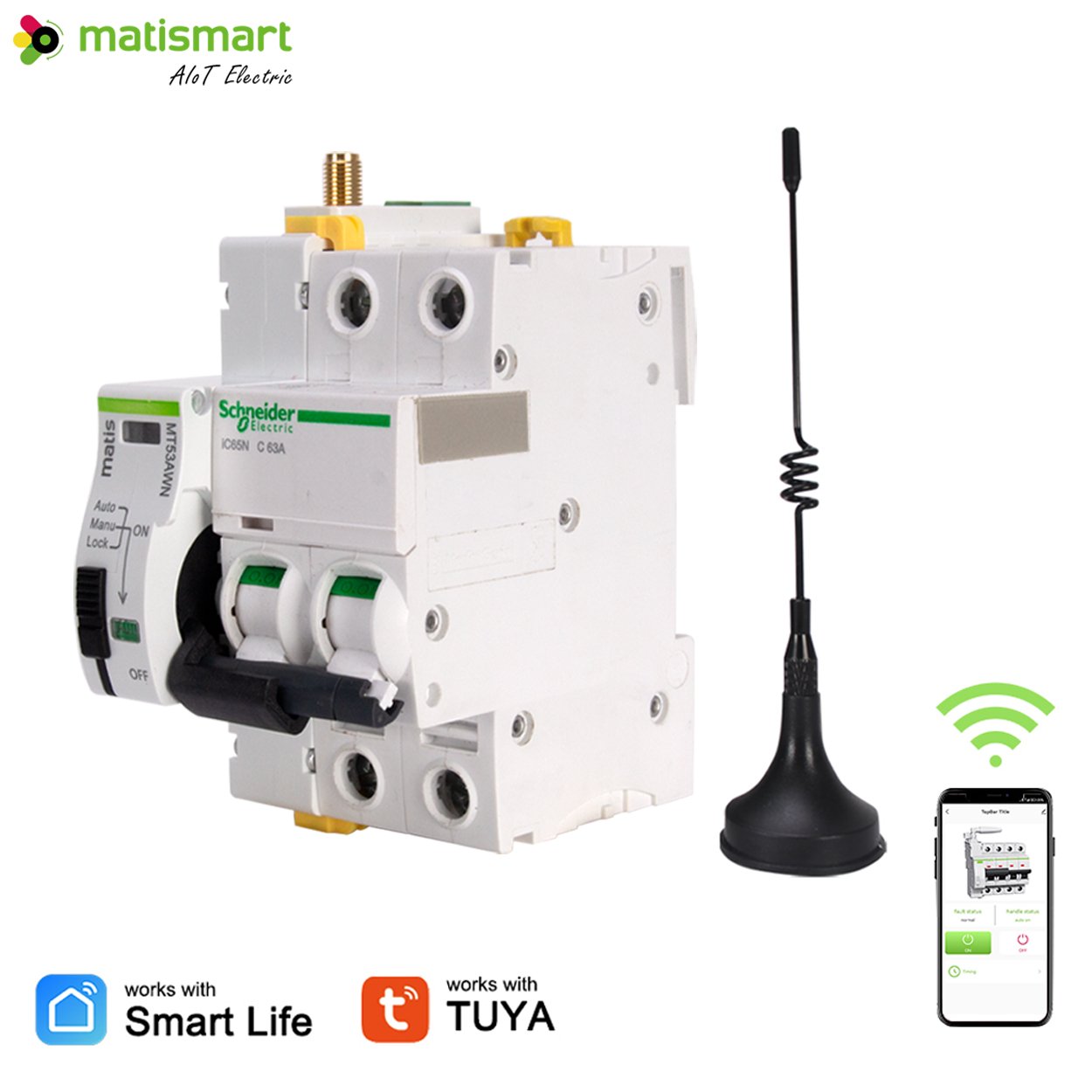 Matismart Wifi Smart Circuit Breaker Iot Mqtt Smart Breaker with Wifi 30amp Tuya with Metering Wifi Smart Circuit Breaker Switch