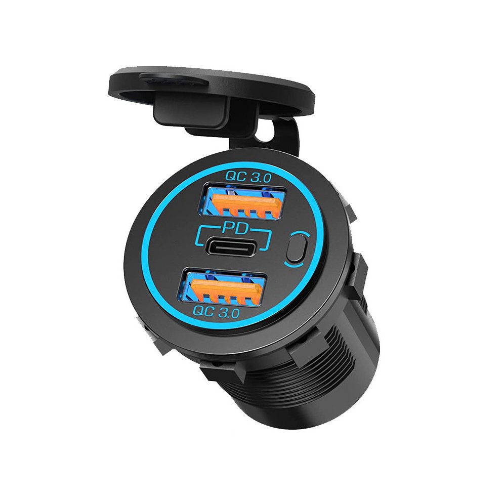 12V 3 Port USB Charger Dual QC3.0 18W and USB-C PD 30W with Power Switch for Car Motorcycle RV Boat Marine Golf Cart