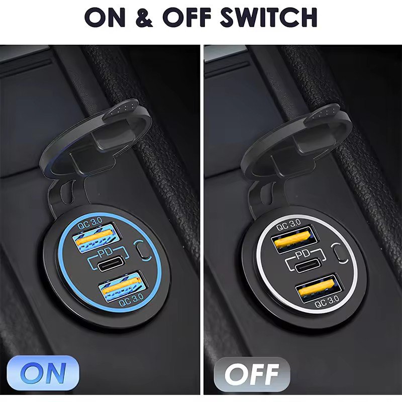 12V 3 Port USB Charger Dual QC3.0 18W and USB-C PD 30W with Power Switch for Car Motorcycle RV Boat Marine Golf Cart