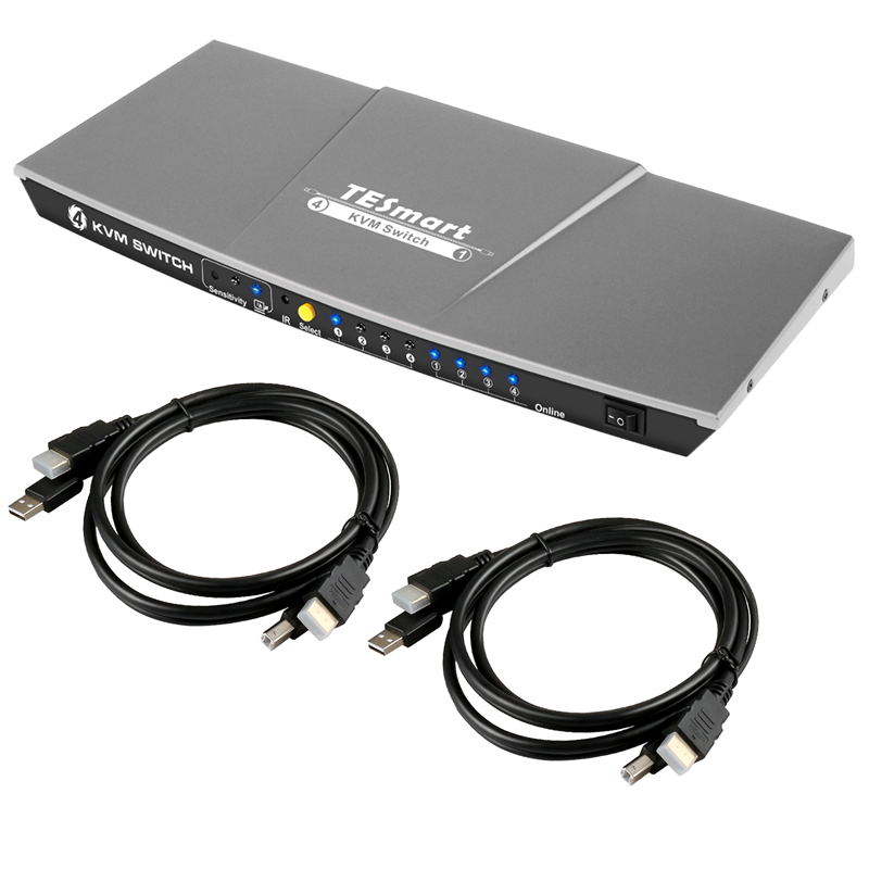 TESmart KVM Switch 4 Port HD Source for Office Meeting 4K 30HZ Video Selector USB 2.0 Out 4x1 HDMI KVM Switches